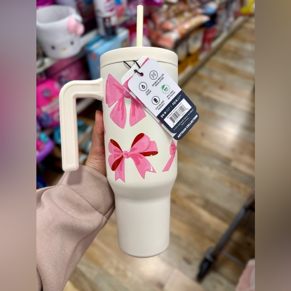 Hydrapeak White Pink Bow Coquette Insulated Water Bottle Tumbler Straw 40 oz